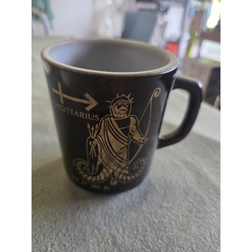 Vintage Fire King Sagittarius Zodiac Mug Black Gold Milk Glass Made in USA